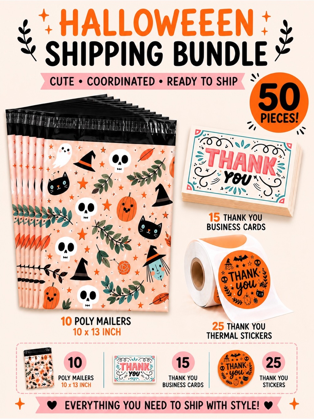 50 Piece Halloween Shipping Bundle 10x13 Poly Mailers, Thank You Cards & Sticker